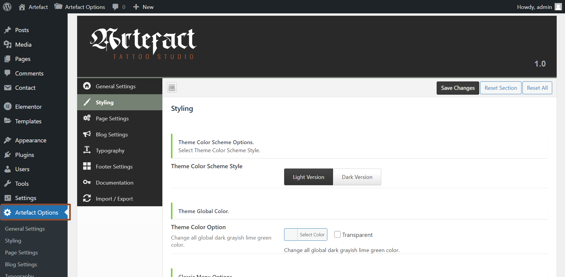 Artefact-Options-‹-Artefact-—-WordPress