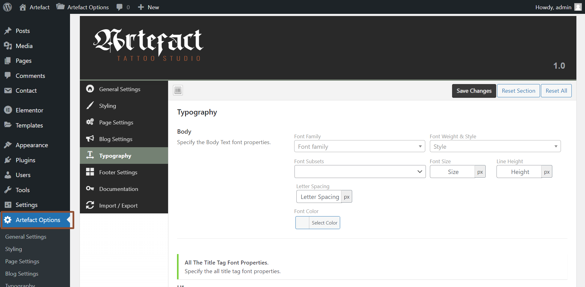 Artefact-Options-‹-Artefact-—-WordPress