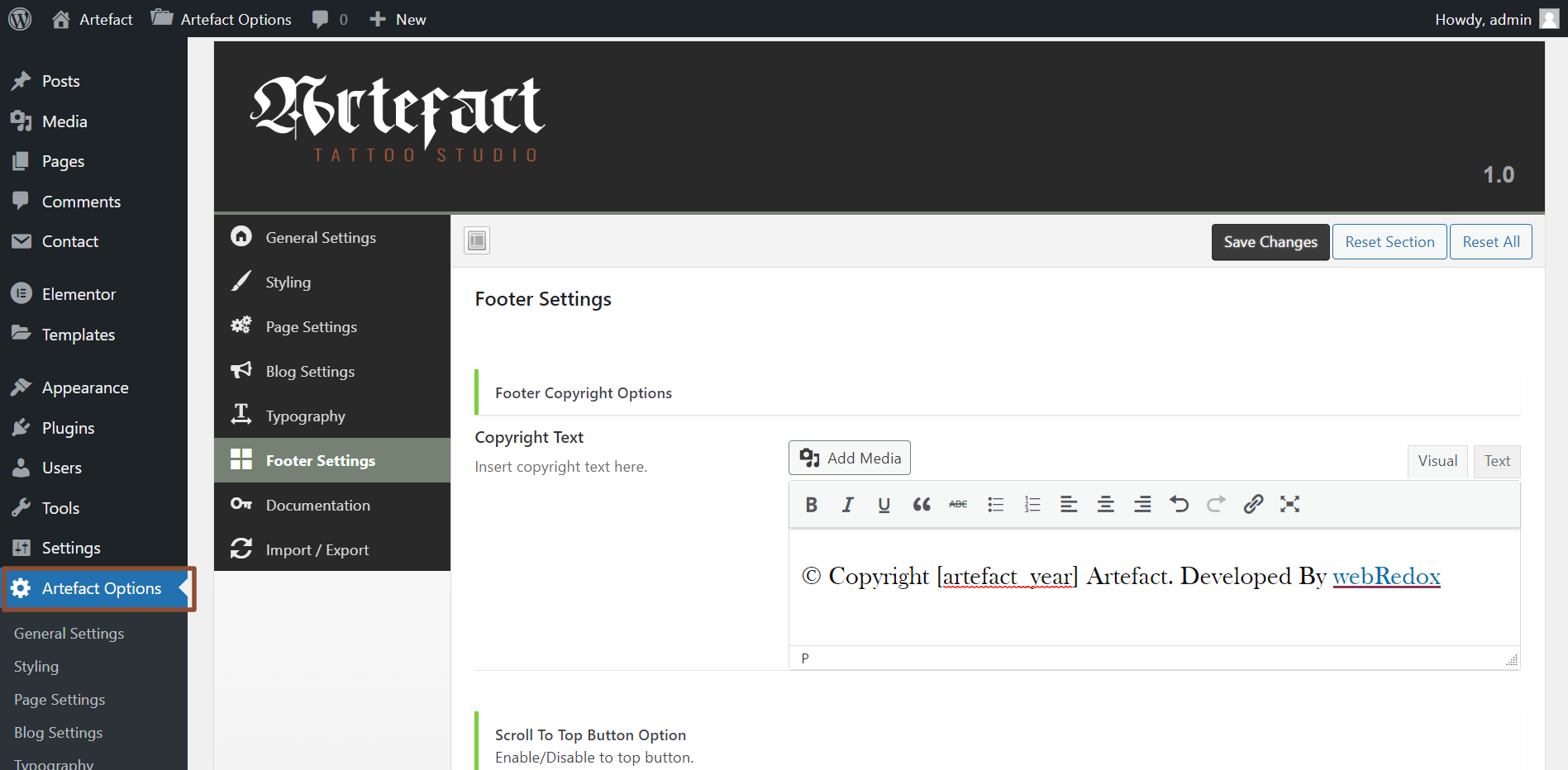 Artefact-Options-‹-Artefact-—-WordPress